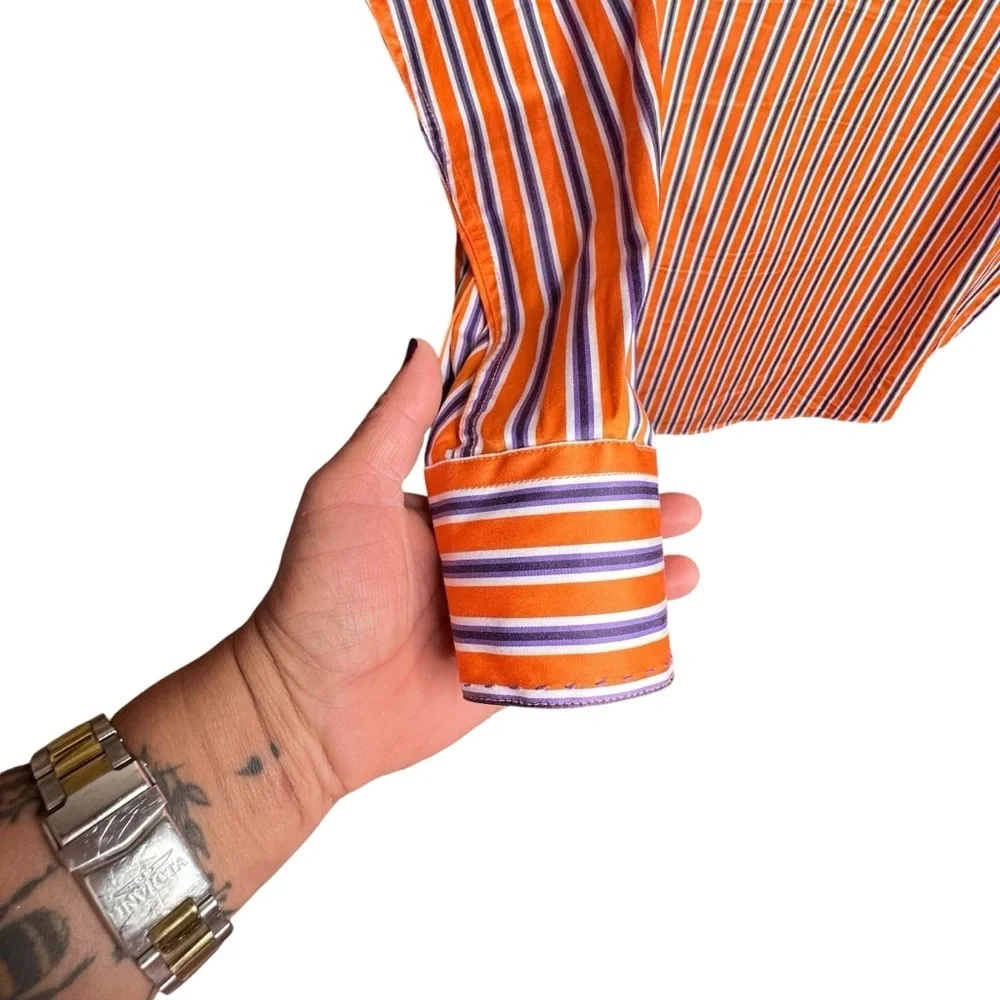 Bugatchi Orange Purple Striped Long Sleeve Button-Up Dress Shirt Sz M Modern Fit - Picture 15 of 15